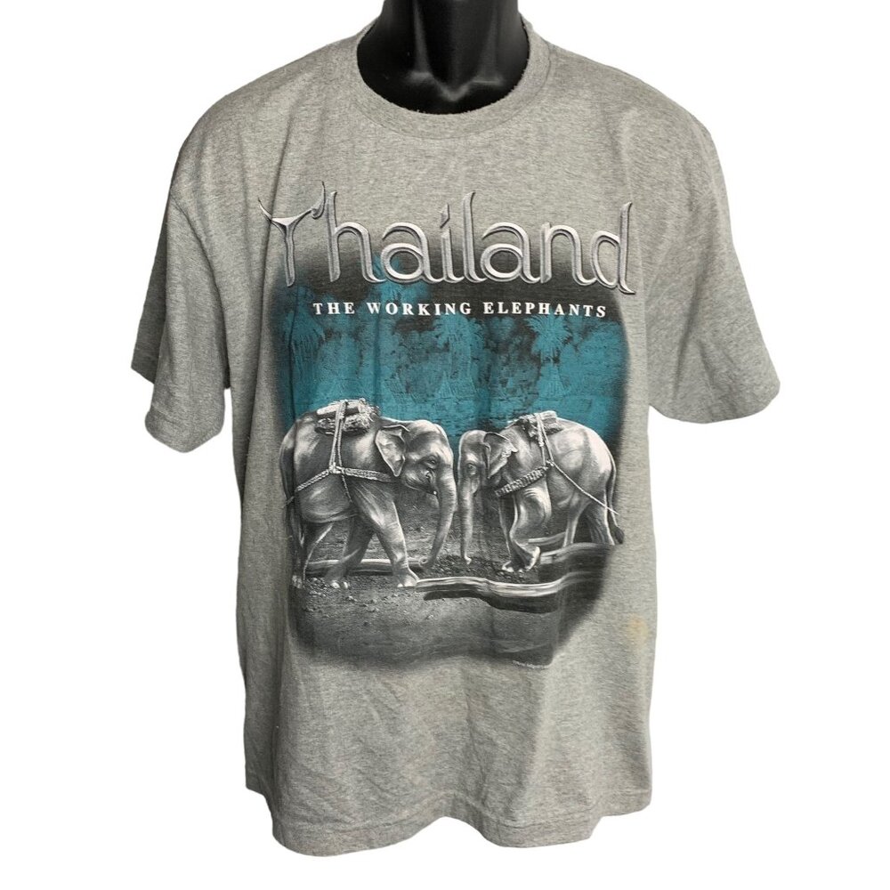 Vintage Thailand Crewneck T Shirt L Grey Crewneck Working Elephants Short Sleeve
